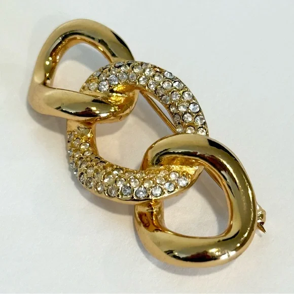 Vintage Christian Dior Triple Loop Rings Gold tone Brooch Rhinestone Pave - Picture 8 of 9